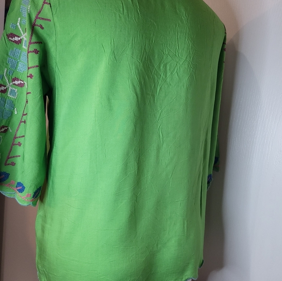 Coruja Green Embroidered 3/4 Sleeve Blouse Boho - Picture 8 of 13